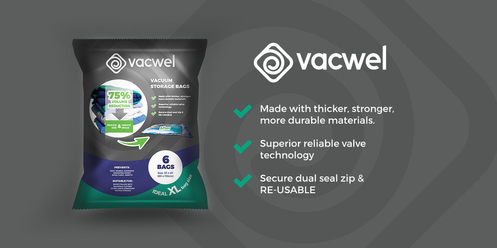  Vacwel Vacuum Storage Bags 5-Pack XXL- Jumbo Space Vacuum  Storage Bags for Clothing Storage - Vacuum Space Bags for Comforters,  Blankets and Clothes - Vacuum Sealer Bags - 5x XXL Bags (