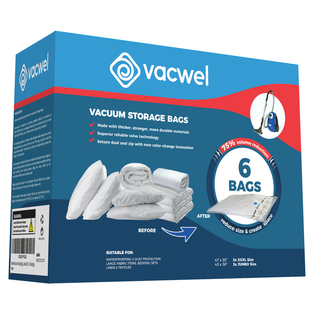 Vacwel 3-Pack XXL,Vacuum Storage Bags,Space Saver Bags for Clothes Storage  – XL Comforters,Mattress Topper,3x XXL Bags (47x35in),Bonus 1x Large Bag
