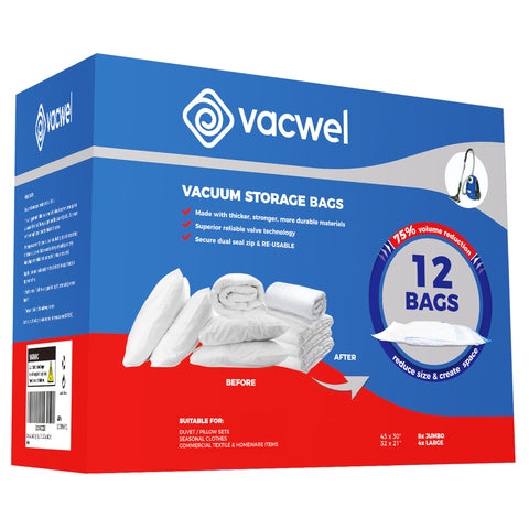 Vacwel Jumbo Vacuum Storage Bags for Clothes, Quilts, Pillows, Space S