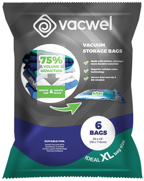 Vacwel Vacuum Storage Bags for Clothes, Quilts, Pillows, Space Saver Size -  Extra Strong Vacuum Seal Bags - 6x Pack Jumbo (43x30in)